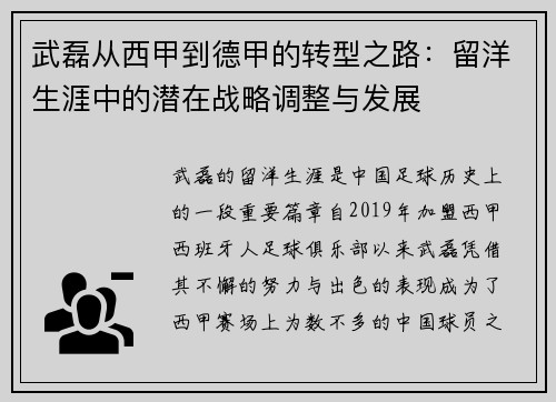 武磊从西甲到德甲的转型之路：留洋生涯中的潜在战略调整与发展